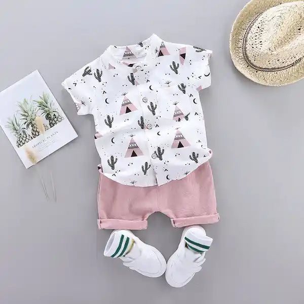 Cactus Print Short-sleeve Shirt and Pants Set