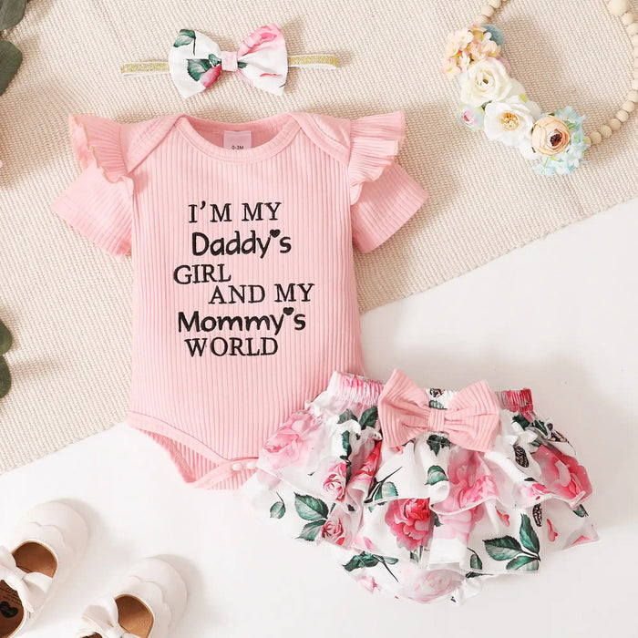 Ribbed 3pcs Letter Embroidery and Floral Print Short-sleeve Baby Set