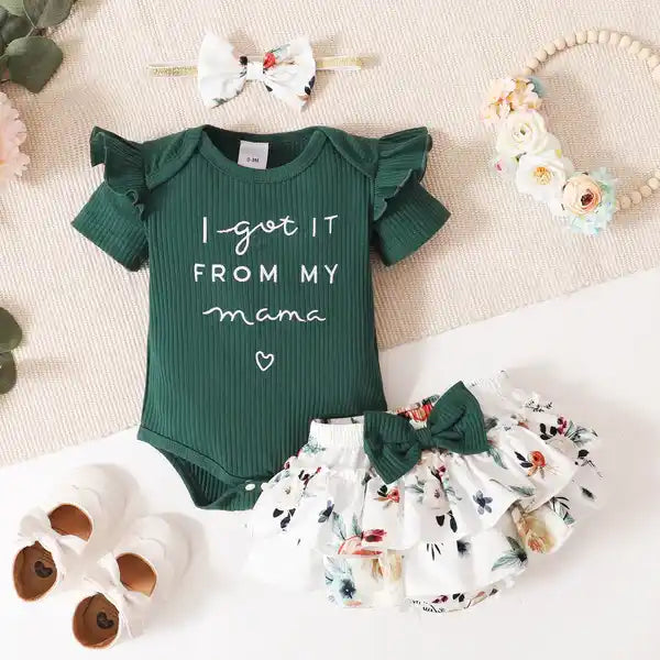 Ribbed 3pcs Letter Embroidery and Floral Print Short-sleeve Baby Set