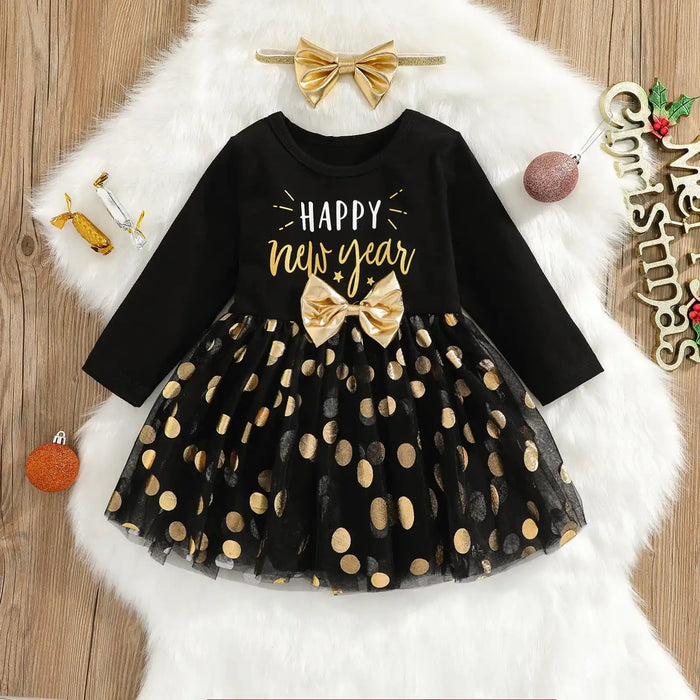 New Year 2pcs Baby Girl Letter Print Black Long-sleeve Splicing Polka Dots Mesh Romper Dress Set