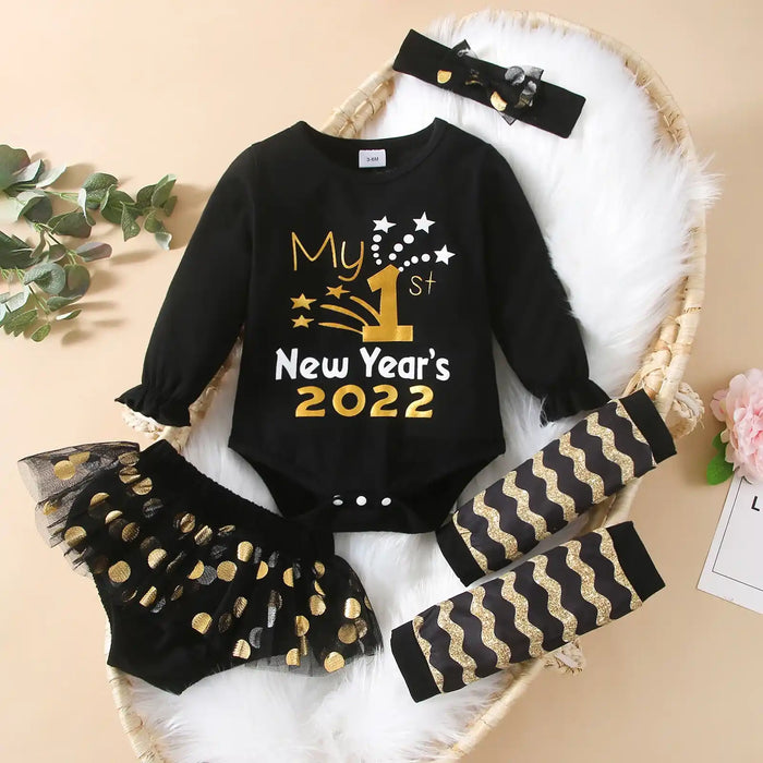 New Year 4pcs Baby Girl Letter Print Black Long-sleeve Romper and Polka Dots Skirted Shorts Set